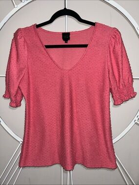 W5 Coral Pink Puff Sleeve Swiss Dot V Neck Top